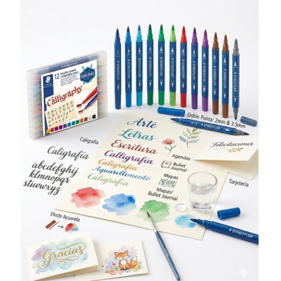 Caligrafia y Letras 12 Marcadores STAEDTLER Doble Punta de 2 y 3.5mm