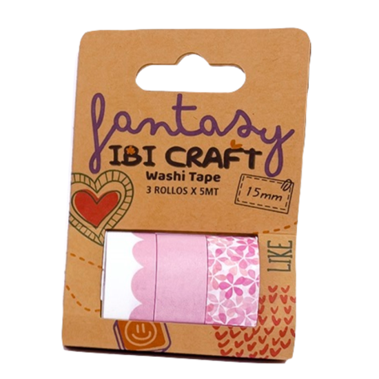 Cinta Adhesiva Washi Tape Ibi Craft Tonos Rosas Set x 3 Uni.