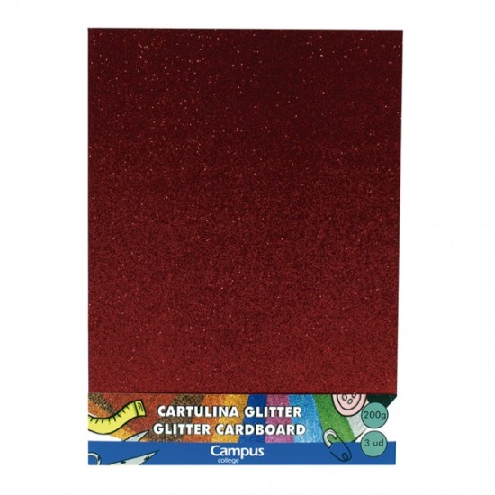 Cartulina con Brillantina Glitter Rojo 3 hojas A4 Campus