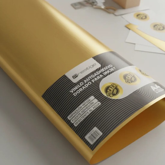Papel Vinilo Metalizado Adhesivo Imprimible Inkjet Dorado A4