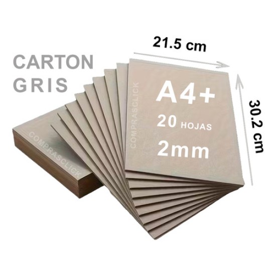 Cartón Gris 2mm 20 Hojas A4+ 21.5 X 30,2 Cm Premium Tapa
