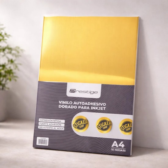 Papel Vinilo Metalizado Adhesivo Imprimible Inkjet Dorado A4
