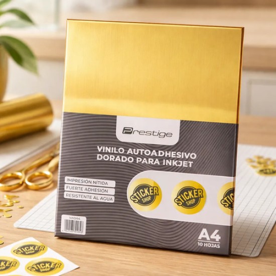 Papel Vinilo Metalizado Adhesivo Imprimible Inkjet Dorado A4